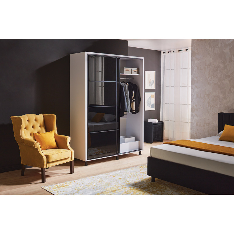 TARION gardrób fekete üveggel– modern tolóajtós szekrény, elegáns és helytakarékos kialakításban